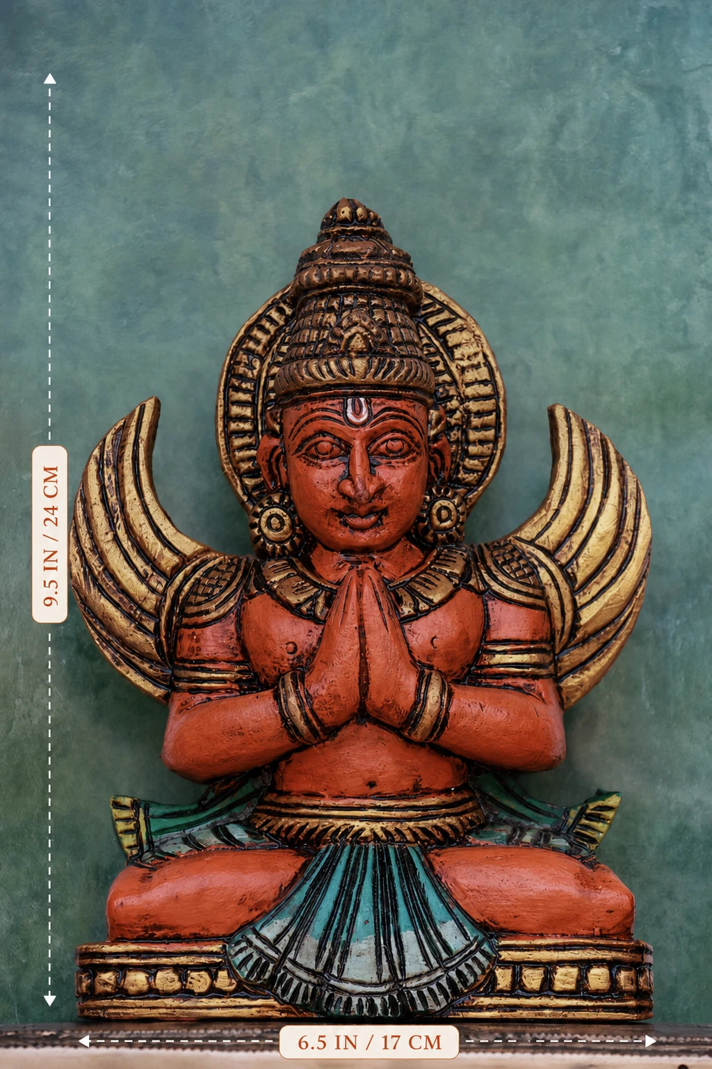 9″ Sacred Sitting Garudan Idol for Pooja &amp; Home Décor | Handcrafted Wood Carving | Antique Colour Finish