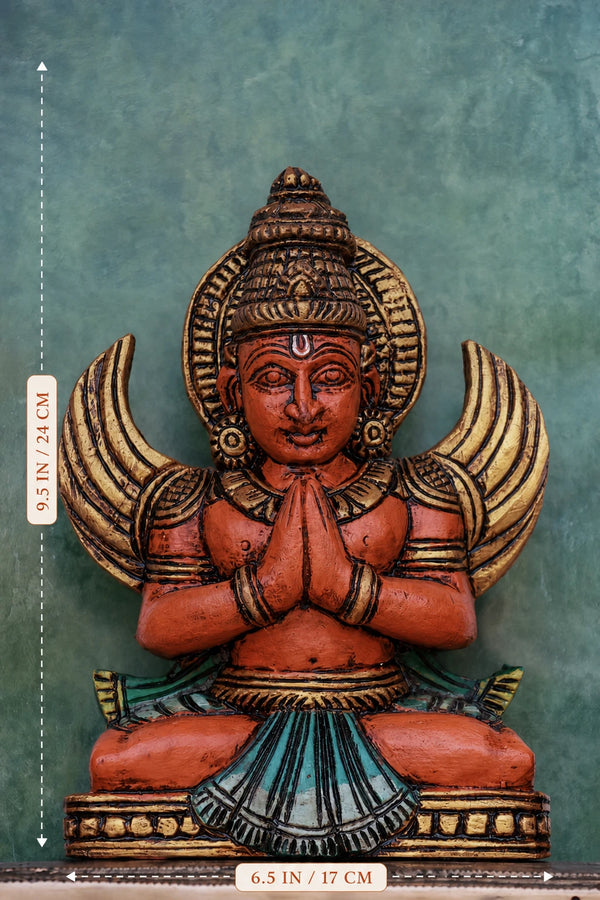 9″ Sacred Sitting Garudan Idol for Pooja &amp; Home Décor | Handcrafted Wood Carving | Antique Colour Finish dimensions