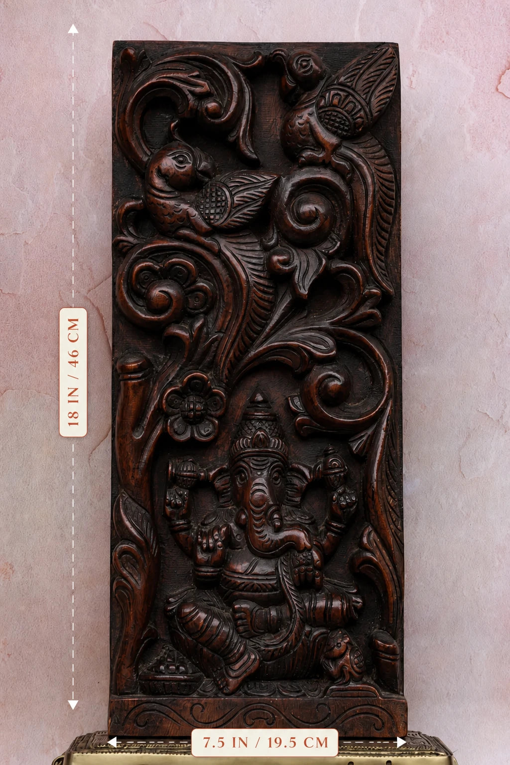 18″ Artistic Ganesha Wall Panel with Bird Motif | Handcrafted Wooden Carving