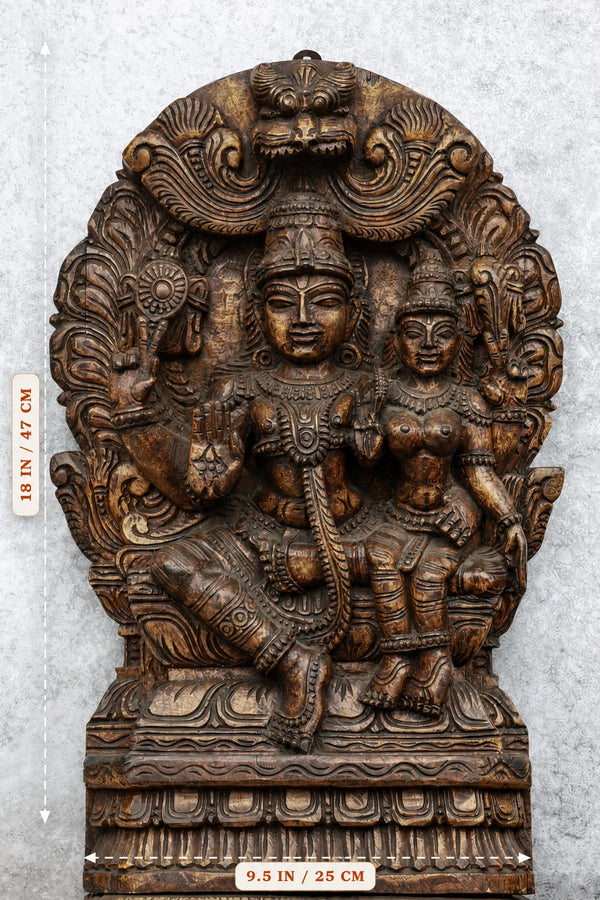 18″ Ornate Lakshmi Narayan with Arch for Pooja & Home Décor | Handcrafted Wood Carving dimensions