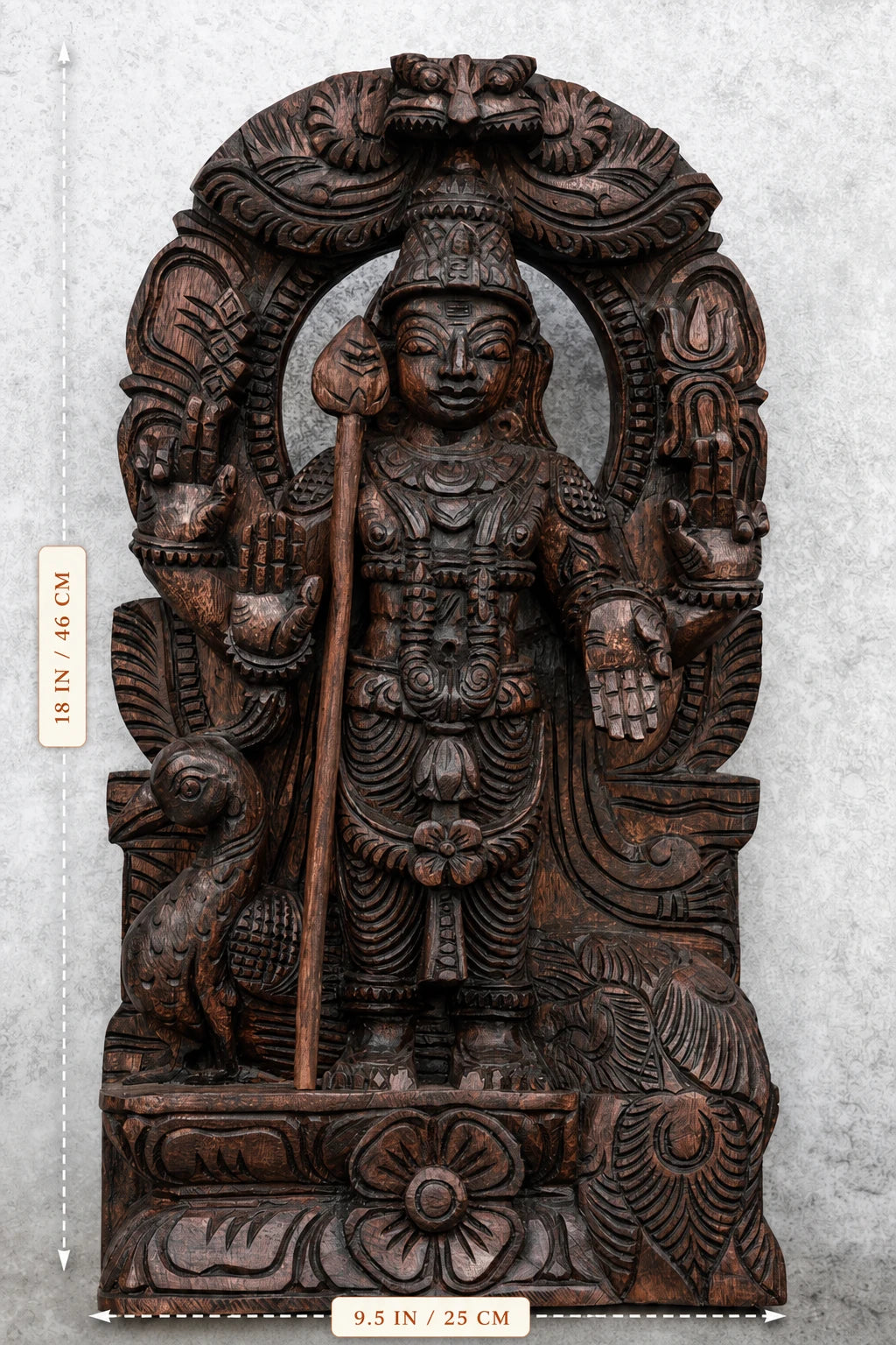18″ Majestic Murugan with Arch for Pooja & Home Décor | Handcrafted Wood Carving