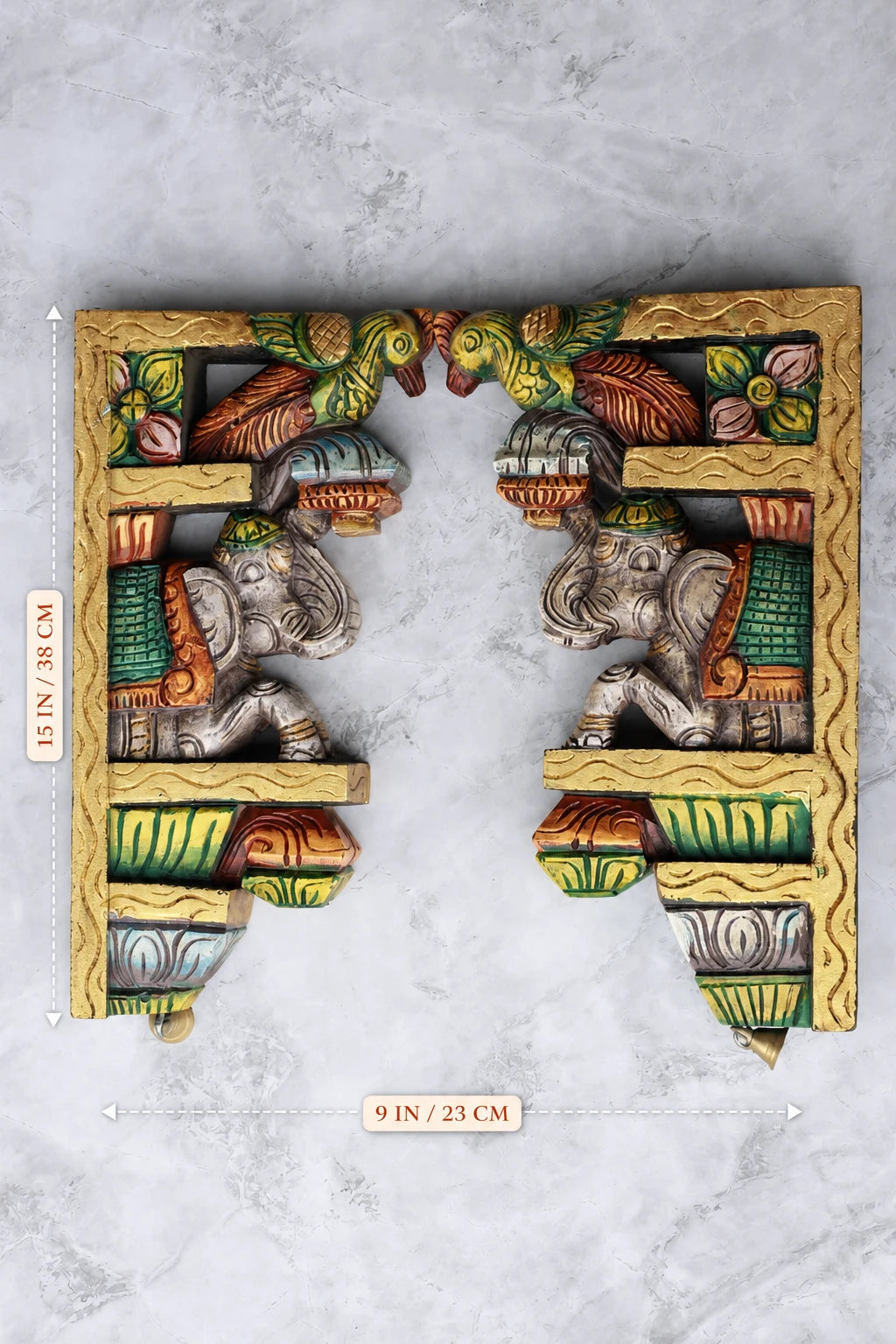 15″ Ornamental Elephant Wall Brackets for Home Décor | Handcrafted Wood Carving