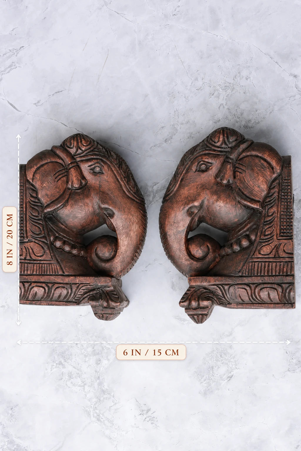 8″ Classic Elephant Head Wall Brackets for Home Décor | Handcrafted Wood Carving