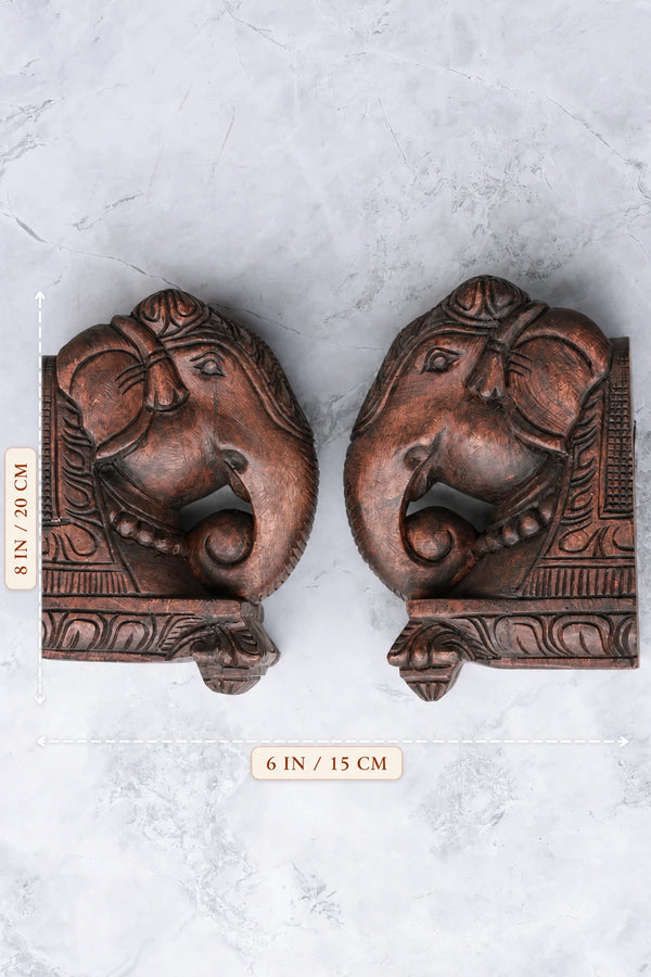 8″ Classic Elephant Head Wall Brackets for Home Décor | Handcrafted Wood Carving dimensions
