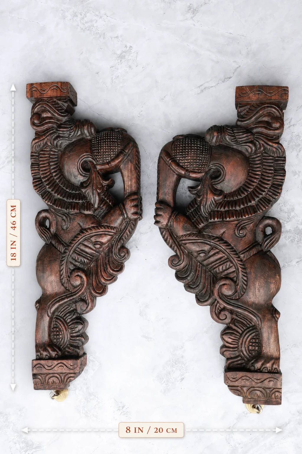 18″ Ornate Gajayazhi Wall Brackets for Home Décor | Handcrafted Wood Carving