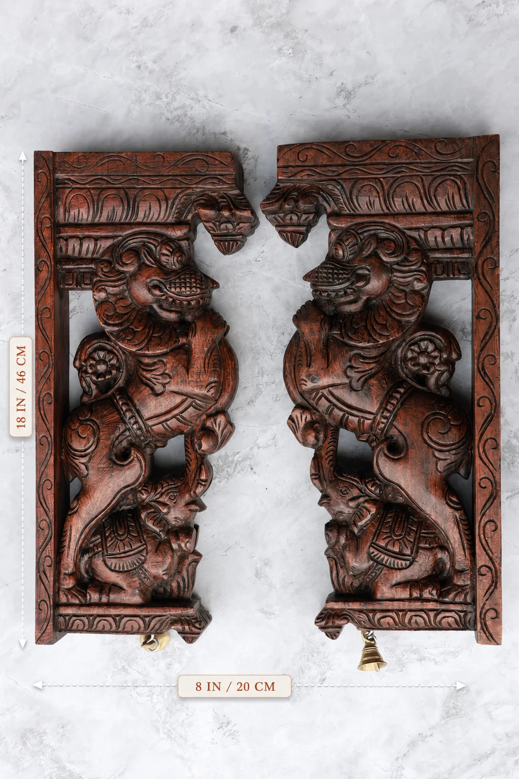 18″ Temple-Style Yazhi Wall Brackets for Home Décor & Pooja | Handcrafted Wood Carving