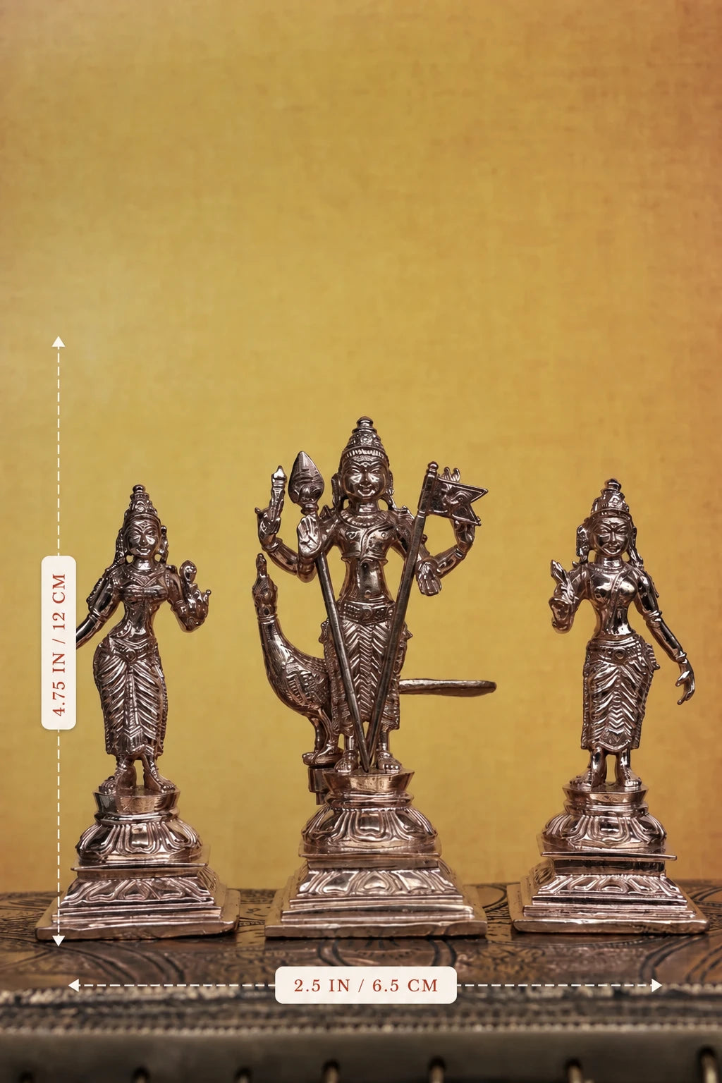 Murugan Set with Valli &amp; Deivayanai | Handcrafted Panchaloha Idols | Polished Finish