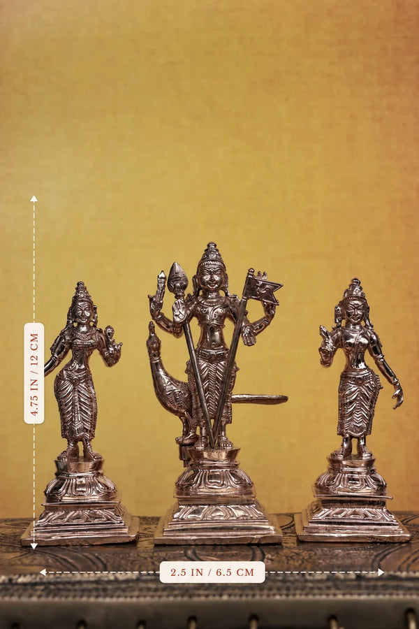 Murugan Set with Valli &amp; Deivayanai | Handcrafted Panchaloha Idols | Polished Finish dimensions