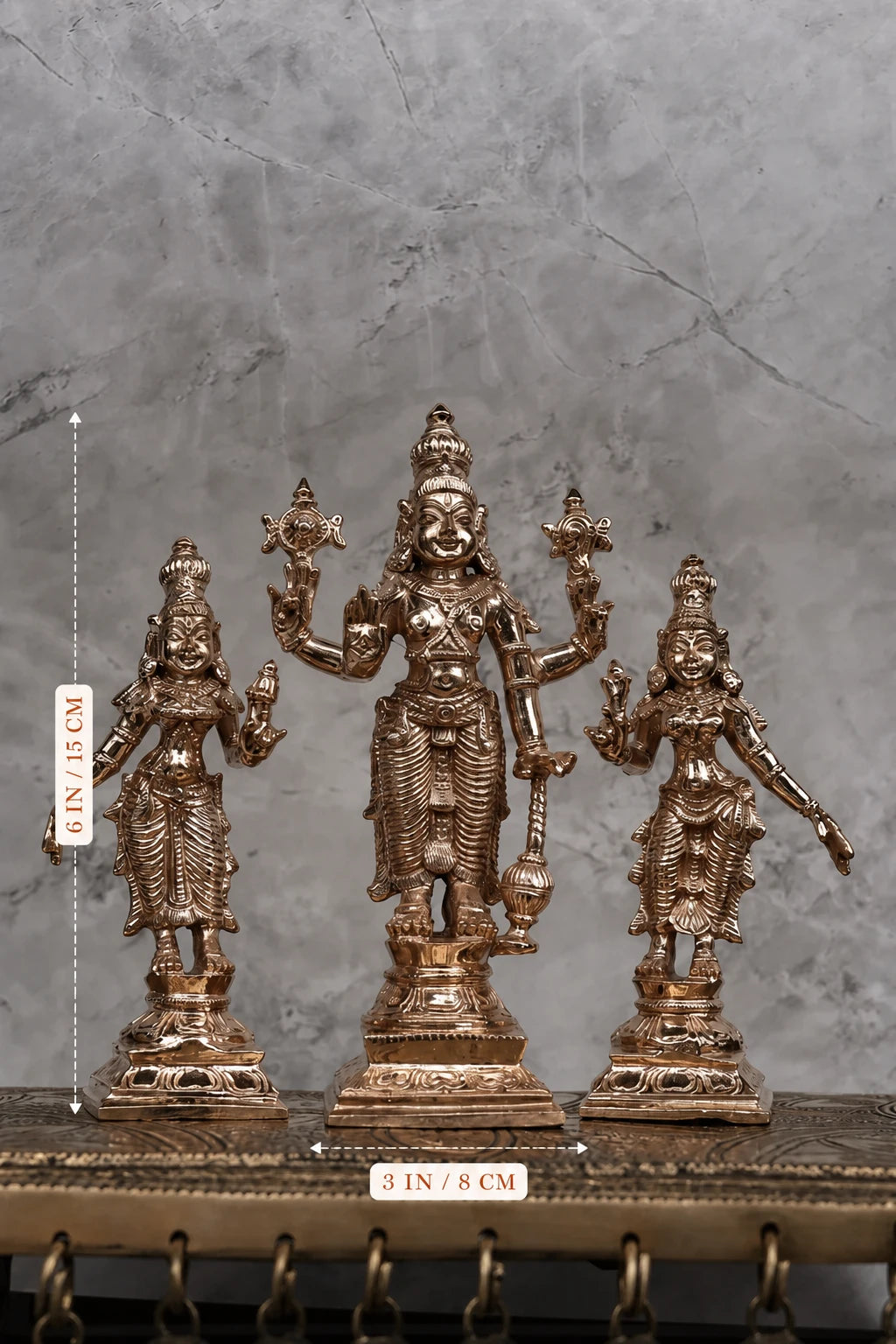 6″ Perumal Set with Sridevi &amp; Bhudevi | Handcrafted Panchaloha Idols | Polished Finish
