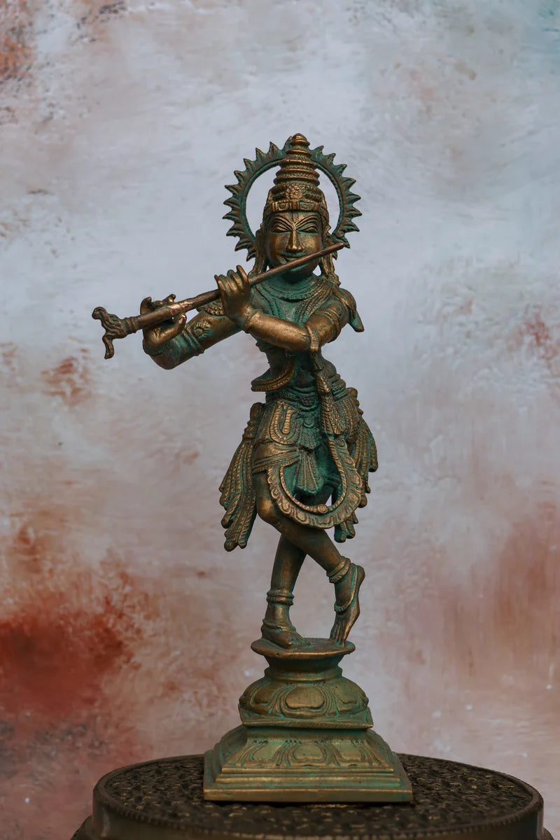Flute Krishna | Handcrafted Panchaloha | Green Patina Finish