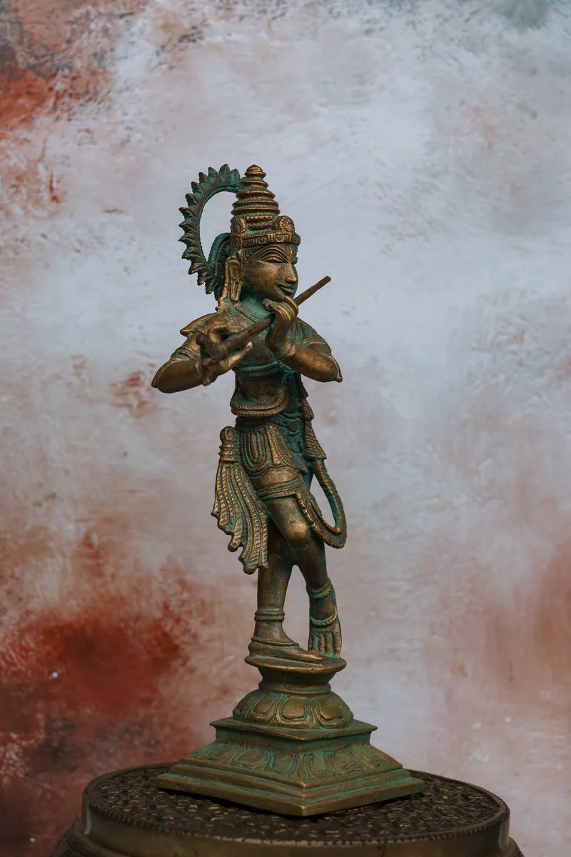 Flute Krishna | Handcrafted Panchaloha | Green Patina Finish