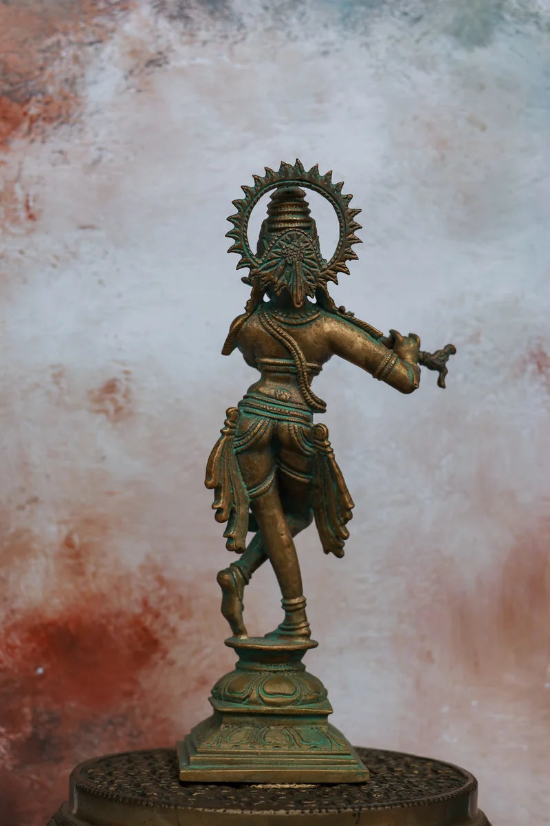 Flute Krishna | Handcrafted Panchaloha | Green Patina Finish