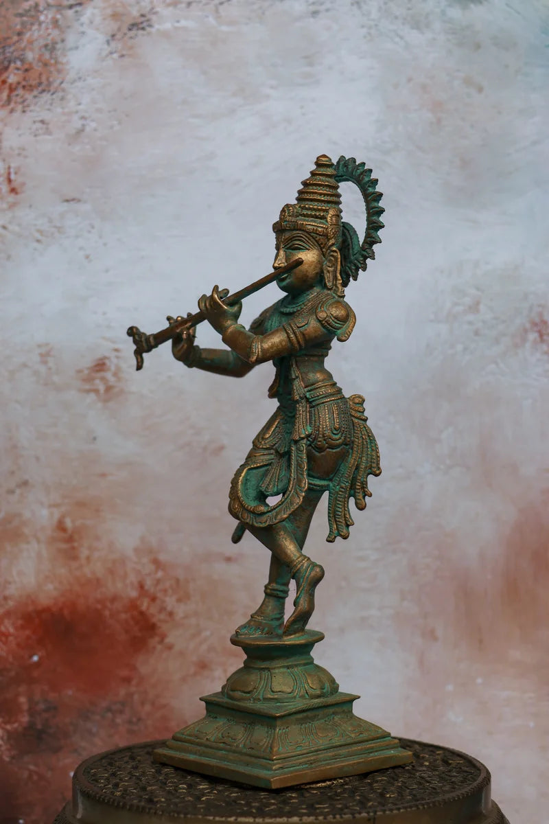 Flute Krishna | Handcrafted Panchaloha | Green Patina Finish