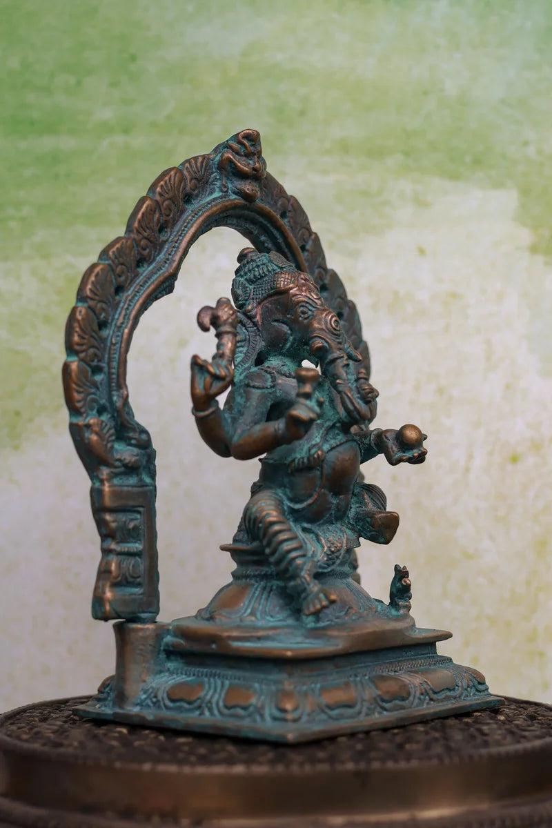 5″ Lord Ganesha Idol with Arch | Handcrafted Panchaloha | Green Patina