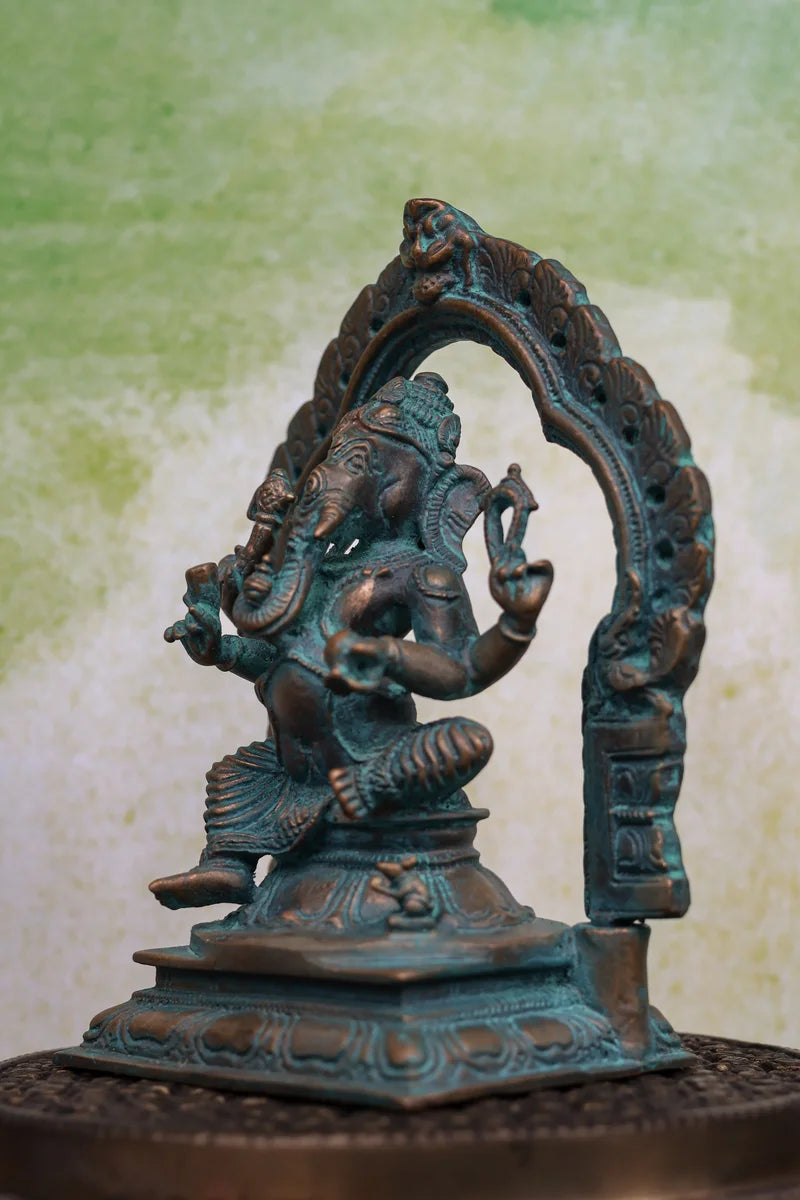5″ Lord Ganesha Idol with Arch | Handcrafted Panchaloha | Green Patina