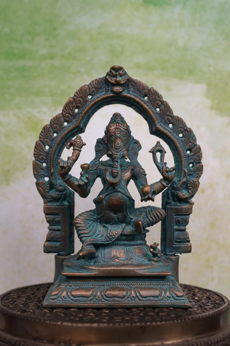 5″ Lord Ganesha Idol with Arch | Handcrafted Panchaloha | Green Patina