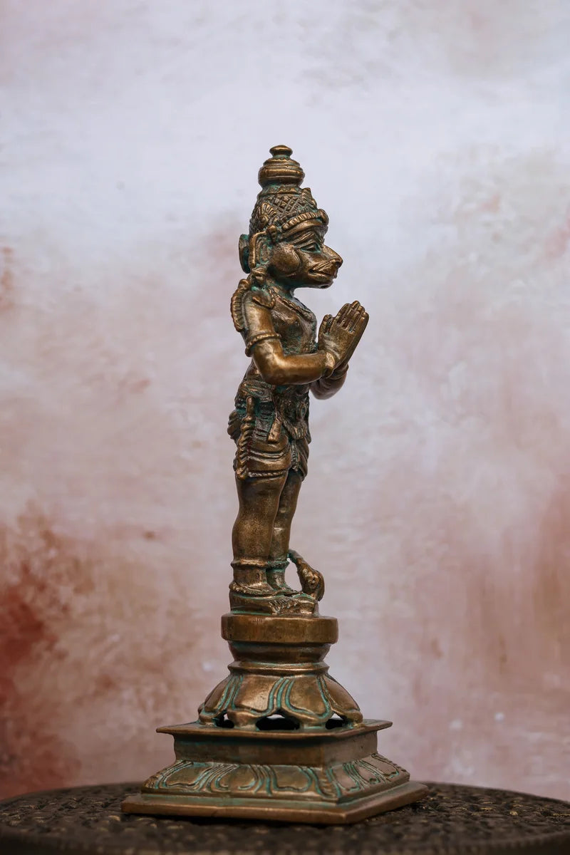 5.5″ Standing Hanuman in Anjali Mudra | Handcrafted Panchaloha | Green Patina