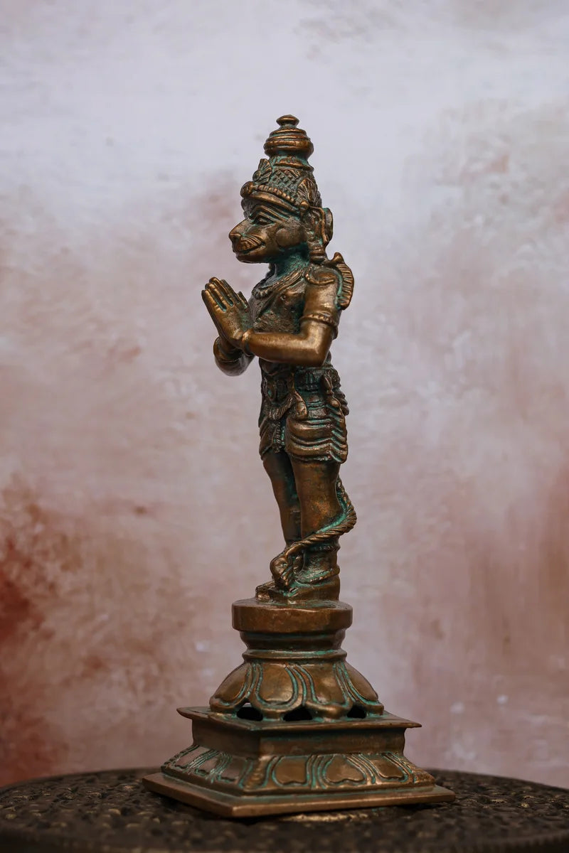5.5″ Standing Hanuman in Anjali Mudra | Handcrafted Panchaloha | Green Patina