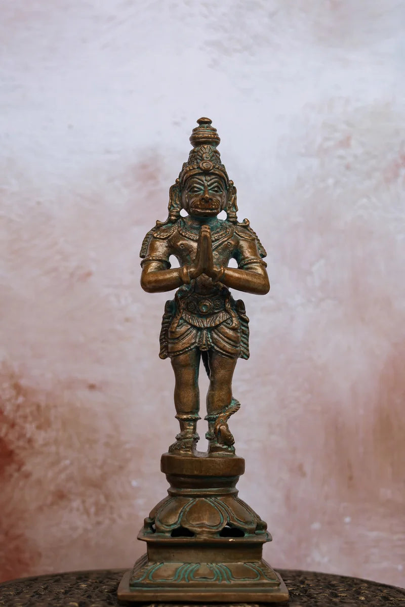 5.5″ Standing Hanuman in Anjali Mudra | Handcrafted Panchaloha | Green Patina