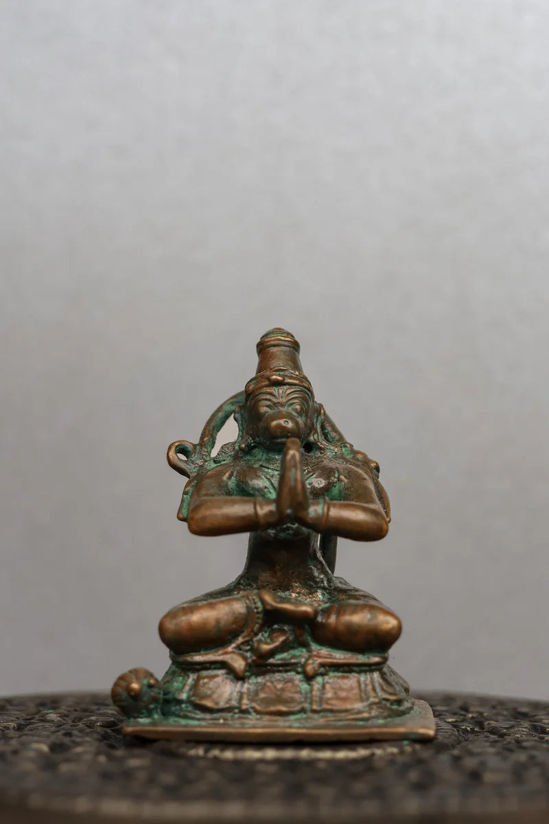 2.5″ Sitting Hanuman in Anjali Mudra | Handcrafted Panchaloha | Green Patina
