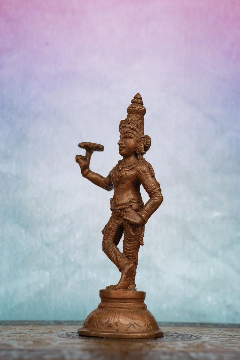 6″ Krishna with Sudarshana Chakra | Handcrafted Panchaloha | Wood Patina