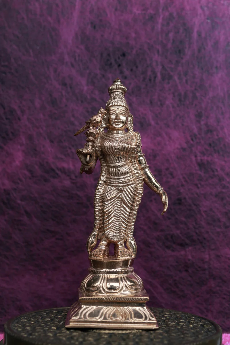 6″ Meenakshi Amman with Parrot | Handcrafted Panchaloha Idol | Polished Finish