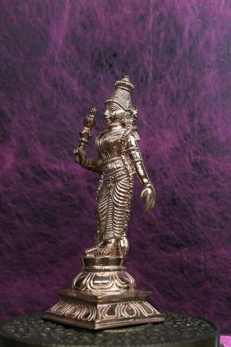 6″ Meenakshi Amman with Parrot | Handcrafted Panchaloha Idol | Polished Finish