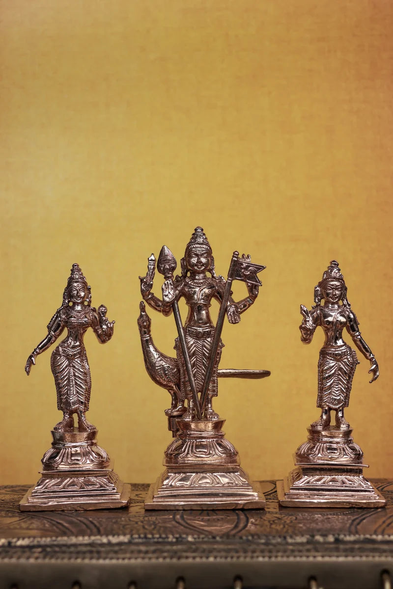 Murugan Set with Valli &amp; Deivayanai | Handcrafted Panchaloha Idols | Polished Finish