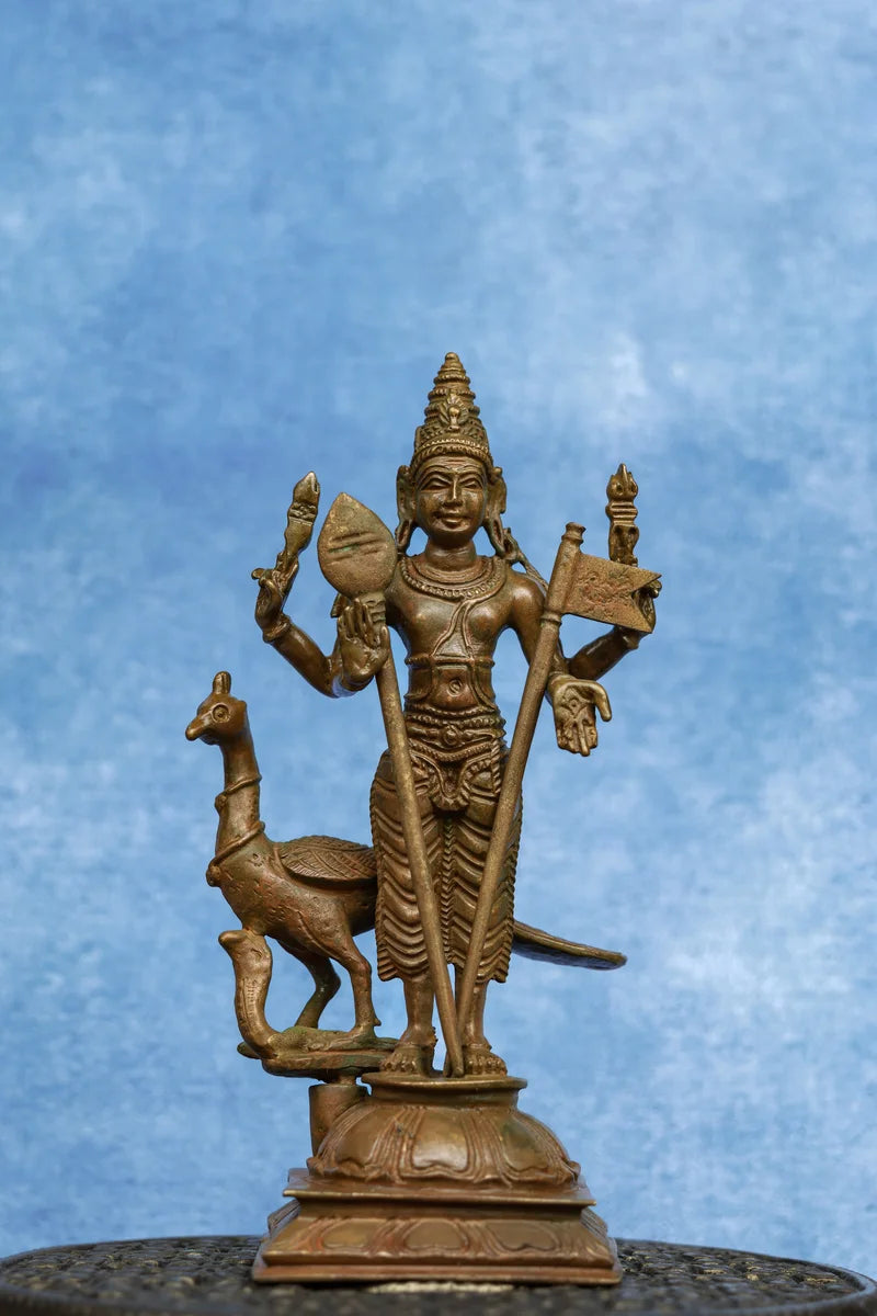 5.5″ Lord Murugan with Vel &amp; Peacock | Handcrafted Panchaloha | Wood Patina