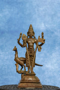 5.5″ Lord Murugan with Vel &amp; Peacock | Handcrafted Panchaloha | Wood Patina
