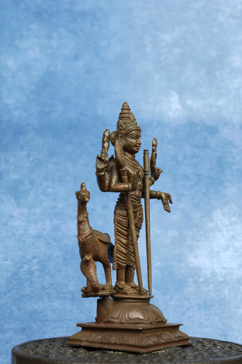 5.5″ Lord Murugan with Vel &amp; Peacock | Handcrafted Panchaloha | Wood Patina
