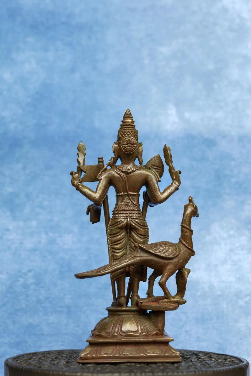 5.5″ Lord Murugan with Vel &amp; Peacock | Handcrafted Panchaloha | Wood Patina
