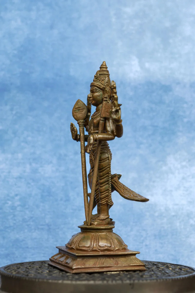 5.5″ Lord Murugan with Vel &amp; Peacock | Handcrafted Panchaloha | Wood Patina