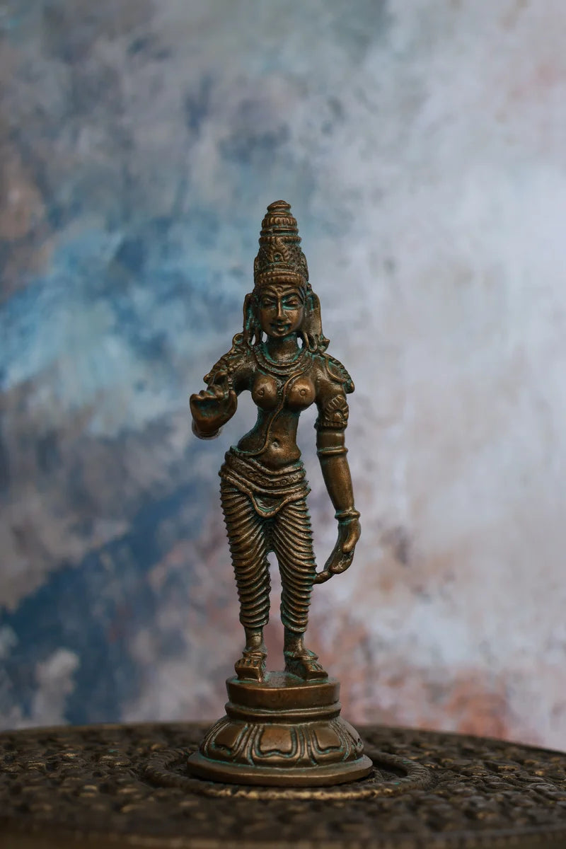 4″ Parvathi Devi Idol | Handcrafted Panchaloha | Green Patina