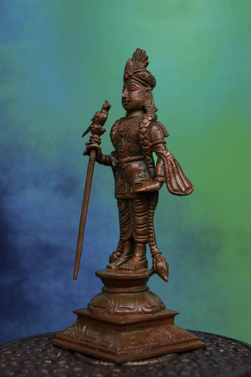 6″ Raja Alangara Murugan Idol | Handcrafted Panchaloha | Wood Patina