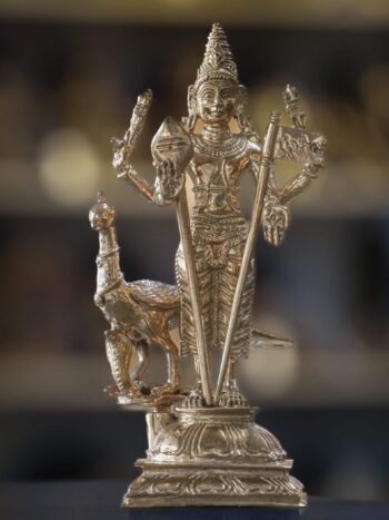 5.5″ Lord Murugan with Vel & Peacock | Handcrafted Panchaloha