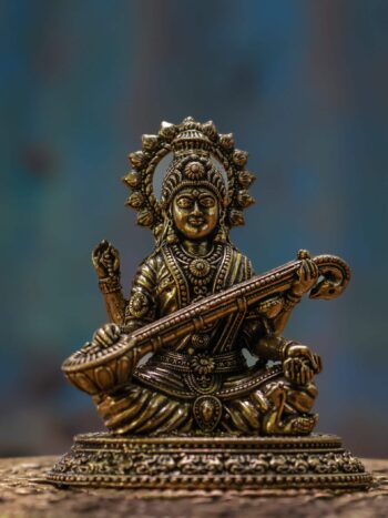 2.5″ Round-Base Saraswati with Veena | Super-Fine Handcrafted Brass