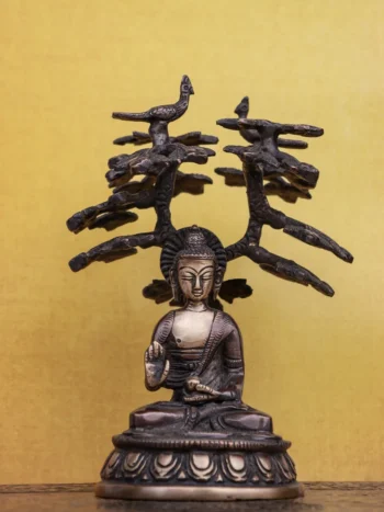 6″ Meditating Buddha Under Bodhi Tree | Handcrafted Brass | Antique Brown Finish