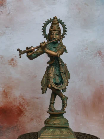 Flute Krishna | Handcrafted Panchaloha | Green Patina Finish