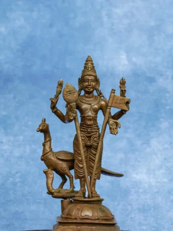 5.5″ Lord Murugan with Vel & Peacock | Handcrafted Panchaloha | Wood Patina