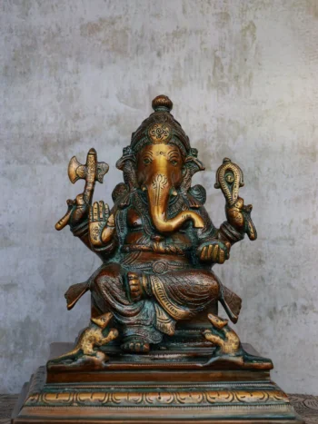 8″ Blessing Ganesha | Handcrafted Brass | Antique Brown Finish