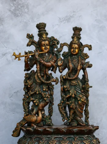 14″ Radha Krishna Idol | Handcrafted Brass | Brown Patina