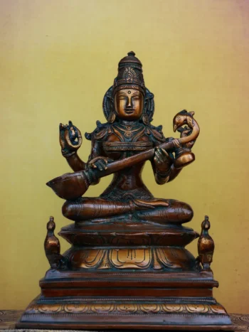 9″ Saraswathi Sitting | Handcrafted Brass | Antique Brown Finish