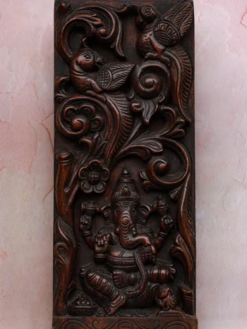 18″ Artistic Ganesha Wall Panel with Bird Motif | Handcrafted Wooden Carving