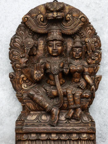 18″ Ornate Lakshmi Narayan with Arch for Pooja & Home Décor | Handcrafted Wood Carving