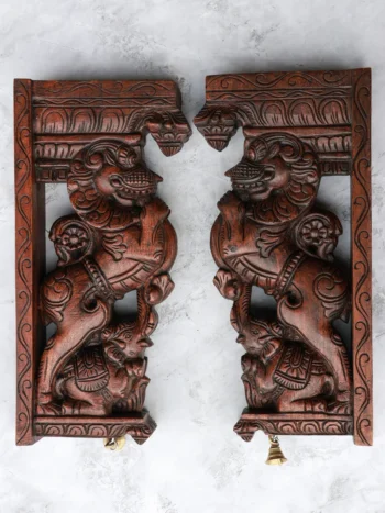 18″ Temple-Style Yazhi Wall Brackets for Home Décor & Pooja | Handcrafted Wood Carving