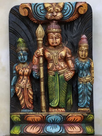 11″ Vibrant Murugan with Valli & Deivanai Wall Hanging for Pooja & Home Décor | Handcrafted Wood Carving | Antique Colour Finish