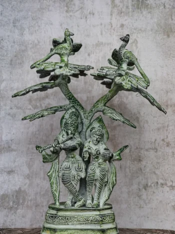 10″ Divine Radha Krishna Under Tree | Handcrafted Brass | Green Stone Finish