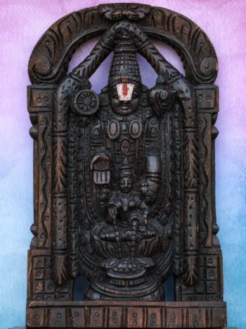 12″ Sacred Tirupathi Balaji with Lakshmi Wall Hanging for Pooja & Home Décor | Handcrafted Wood Carving