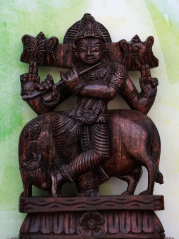 12″ Graceful Flute Krishna Idol for Pooja & Home Décor | Handcrafted Wood Carving